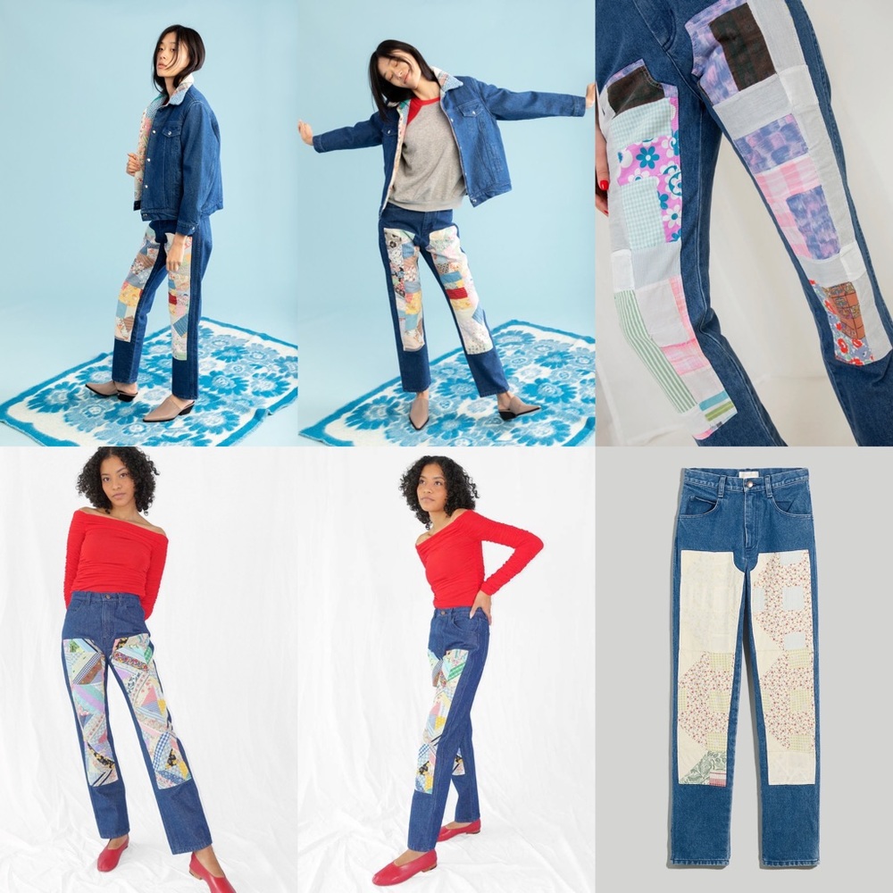 CARLEEN Patchwork Jeans One of a Kind vintage quilt Made in USA straight leg - Picture 12 of 12
